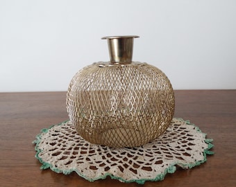 Brass Gold-tone Taper Candle Holder - Single Candlestick - Mesh Pumpkin Shaped