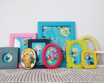 Bright Picture Frame Grouping - Pink, Blue, Yellow, Green Picture Gallery Wall - 4 x 6, 5 x 7, 8 x 10 Frame Set - Chalkware Flower