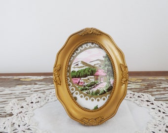 Small Antique Gold Painted Oval Ornate Picture Frame.  2 1/2 x 3 1/2 Inch Floral Wallet Size Wall or Table Frame