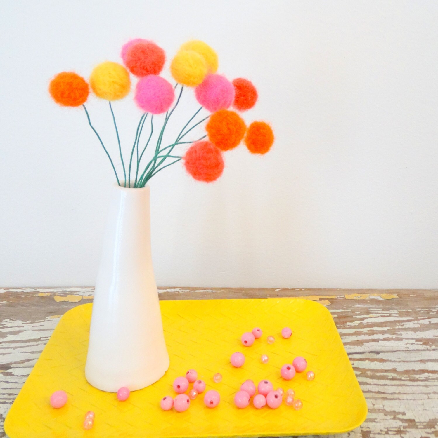 Felt Pom Pom Flowers Wool Pompom Bright Pink Yellow Etsy