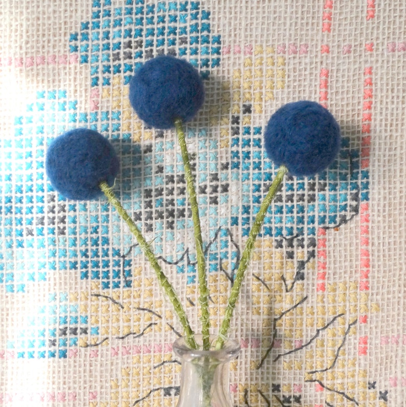 Navy blue pom pom Flowers. Blue Craspedia. Wool pompoms. Etsy