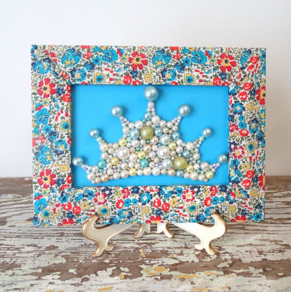 Princess Crown , 3d Art , Decoupage Frame , Liberty of London Picture , Beaded Wall Hanging , Floral Framed Art , Turquoise Mosaic Wall