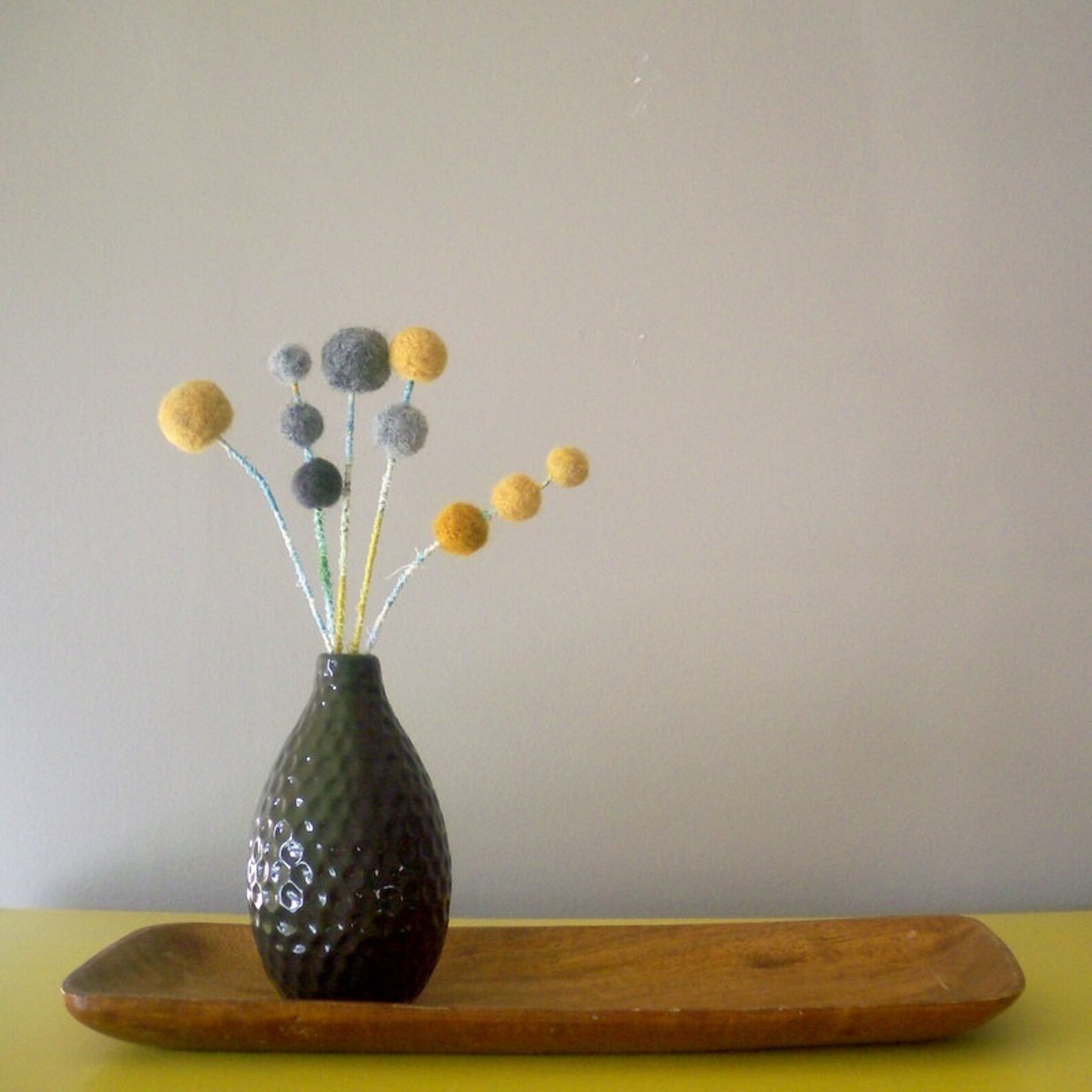 Mustard and Grey Felt Flowers. Wool Craspedia. Pom Poms. Gray Etsy