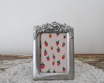 Small Pewter Rose Floral Picture Frame - Rose Ornate Vintage 2 x 3 Picture Frame - Wallet Sized Frame Victorian