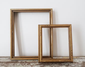 Pair Two Vintage Gold Open Wood Frames - No Glass 6 1/2 x 8, 4 1/2 x 5 Display Wall Portrait Frame - Deep Gilded Frames
