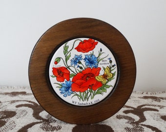 Red Poppies and Cornflowers Ceramic Round Plaque - Wood and Tile Wall Hanging - Vintage Black Forest Floral Flower Souvenir - Cottagecore