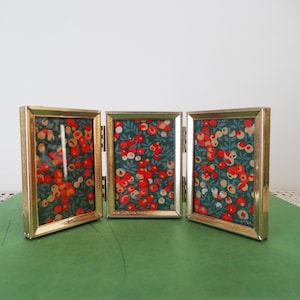 Vintage Gold Metal Tri-Fold Picture Frame: Hinged Brass Triple Frame