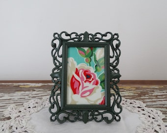 Small Ornate Dark Green Filigree Picture Frame - Forest Olive Metal 2 x 3 Wallet Size