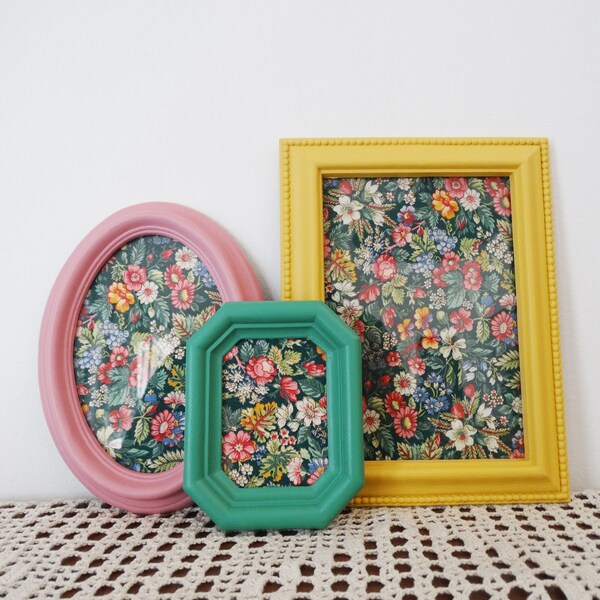 Oval, Rectangle Three Frames Set - Cottage Core Picture Grouping - Mustard, Evergreen, Rose Pink Gallery Wall - 5 x 7 , 4 x 6