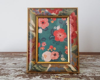 3 1/2 x 5 Floral Flower Paper Covered Wood Frame - Cottagecore 80s Country Style - Jewel Tone Decor Picture Frame - Decoupage