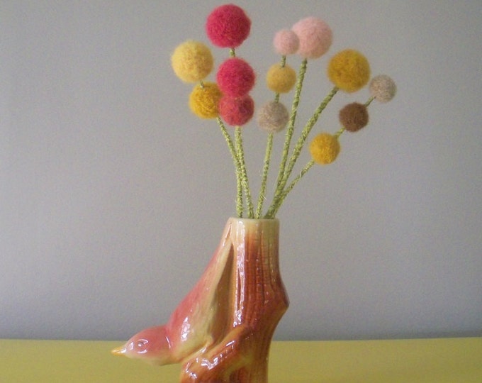 Vintage Bird Vase With Floral Arrangement. Wool Pom Poms. Etsy