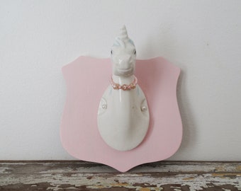 Ceramic Unicorn Wall Art - Mounted Head Art - Faux Taxidermy - Pastel Pink, Blue and White Pearls