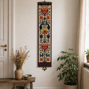 Vintage Schwedischer Wandbehang: Kreuzstich Handgestickte Volkskunst Wandbehang Vögel Und Blumen