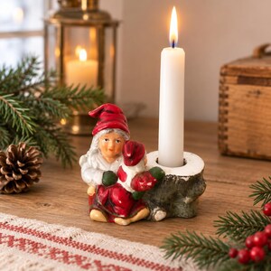 Vintage svensk Tomte ljusstake – Mor och barn jultomtar – Skandinavisk juldekoration