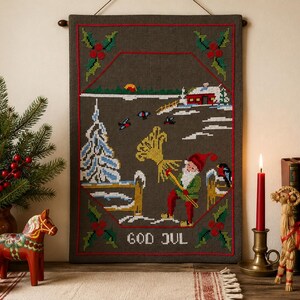 Vintage svensk julväggbonad – Handbroderad Tomte-gobeläng – Skandinavisk vinterscen – God Jul Textil – Nordisk folkkonst