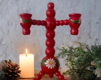 Vintage Swedish Wooden mini Candelabra - Handcrafted & Hand-Painted 3-Arm Christmas Candle Holder Traditional Folk Art