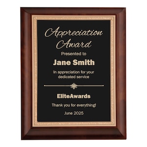 Custom Appreciation Award Plaque with Personalized Text Engraved 8x10 Cherry Wood and Brass Plate Plaque, Business Awards for Employees