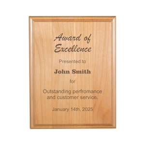 Personalized Wood Plaque Award, Customizable Engraved Hanging Wall Plaque, Business Awards with Custom Text