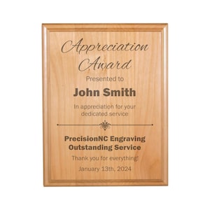 Custom Appreciation Award with Personalized Text Engraved Natural Wood Plaque Coworker Gift Ideas for Women or Men