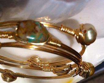 Pearls and Turquoise Bangles, Gold Wire Wrapped Stacked Bangles, Nevada Royston Mine Turquoise Pearl Bracelet, Boho Lux Bangle Set Gift