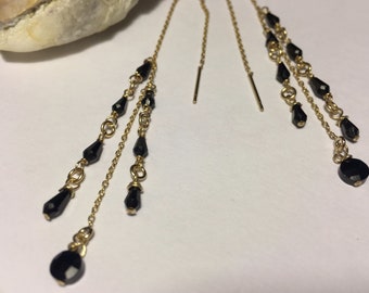Black Spinel Threader Earrings 14KT Gold Filled 4 Inch Threaders Petite Gemstone Jewelry Wire Wrapped Earrings Multi-chain Gifts for Her