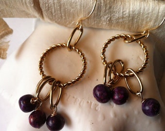 Berry Cluster Earrings in 24 KT Gold Overlay, Spiny Oyster Earrings, Gold Shell Earrings, Purple Shell Dangle Earrings Gift For Her