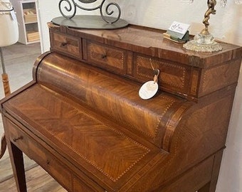 Antique French Roll Top Bureau Desk, Bureau Roll Top Inlay, Mohagony Inlay Desk, Louis XVI Style, Petite Women's Boudoir Desk, Gifts for Her