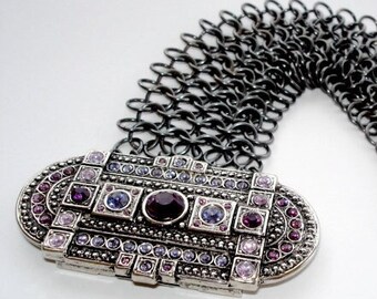 Chainmaille Cuff Silver Art Deco Chunky Metal Bracelet Oxidized Sterling Silver European Clasps with Premium Austrian Amethyst Crystals