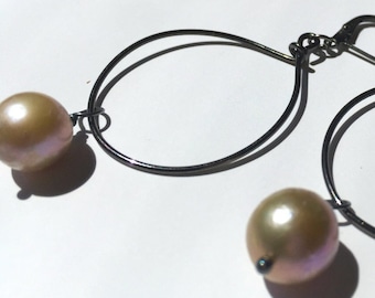 Pond Slime Pearl Hoop Drop Earrings Freshwater Natural Pearls in Golden Cream Hues Gunmetal Wire Hoops Not Your Everyday Pearl Gifts For Her