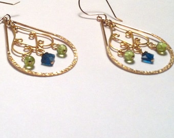 Green and Blue Gemstone Earrings, Apatite and Peridot, Gold Swirl Chandelier Earrings, Green and Teal,  2 Inch Length