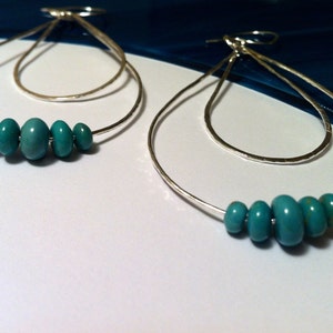 Tiered Teardrop Silver Earrings with Blue Gem Turquoise Stones, Chandelier Hoop Earrings, 3 1/4 Inch Length image 2