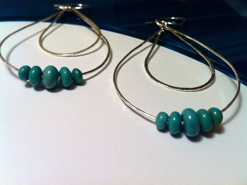 Tiered Teardrop Silver Earrings with Blue Gem Turquoise Stones, Chandelier Hoop Earrings, 3 1/4 Inch Length image 2