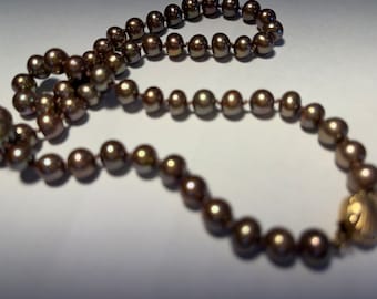 Bronze Pearl Necklace with Gold Shell Clasp 17 Inch Length Hand Knotted Pearls Choker Style Pearls Everyday Jewelry Gifts for Her Classic