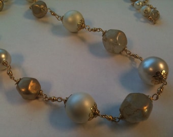 Retro Faux Vintage Pearls in Golds and White Lux Pearl Strand Repurposed Vintage Jewelry Upcycled 14KT GF Wirewrapped Necklace Gifts For Her