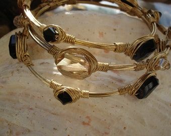 Black and Gold Bangles, Crystal Bangle Trio, Wire Wrapped Gold Bangle, Austrian Glass Cut Crystal Bangles, Back to Office Gift, Gift for Her