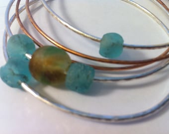 African Recycled Glass Beaded Bangles in Sterling Silver and Bronze Stacking Bangles with Translucent Aqua Glass Beads Beachy Coastal Vibe