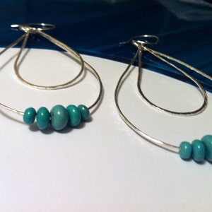 Tiered Teardrop Silver Earrings with Blue Gem Turquoise Stones, Chandelier Hoop Earrings, 3 1/4 Inch Length image 3