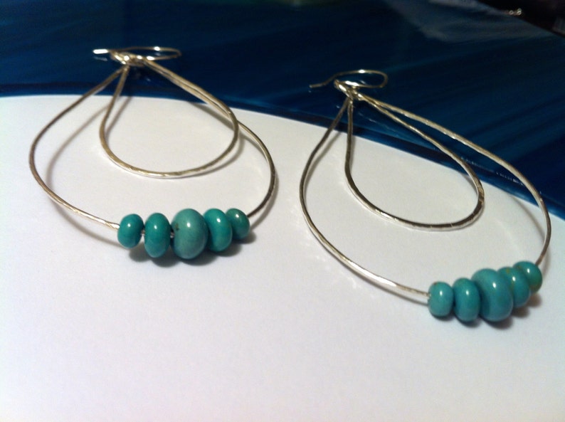 Tiered Teardrop Silver Earrings with Blue Gem Turquoise Stones, Chandelier Hoop Earrings, 3 1/4 Inch Length image 3