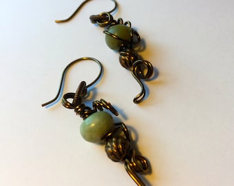 Bronze Drop Earrings with Amazonite, Wire Wrapped Earrings, Green and Bronze Earrings, Stone Drop Earrings, Gifts for Moi