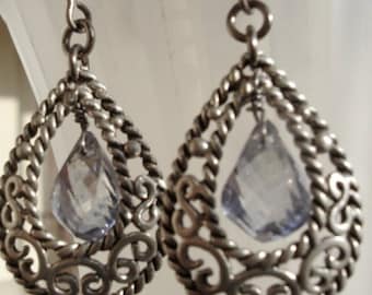 Blue Mystic Quartz Earrings Faceted Gemstones Rare and Gorgeous Stones Antique Silver Filigree Drop Earrings Vintage Retro Gifts for Her