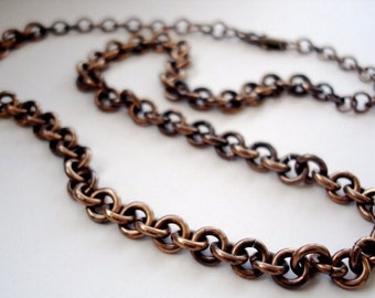 Bronze Chain Necklace 22" Length, Chunky Oxidized Bronze Chain, Rustic Chain in Natural Bronze Metal, Jewelry Gifts for Men and Women Unisex