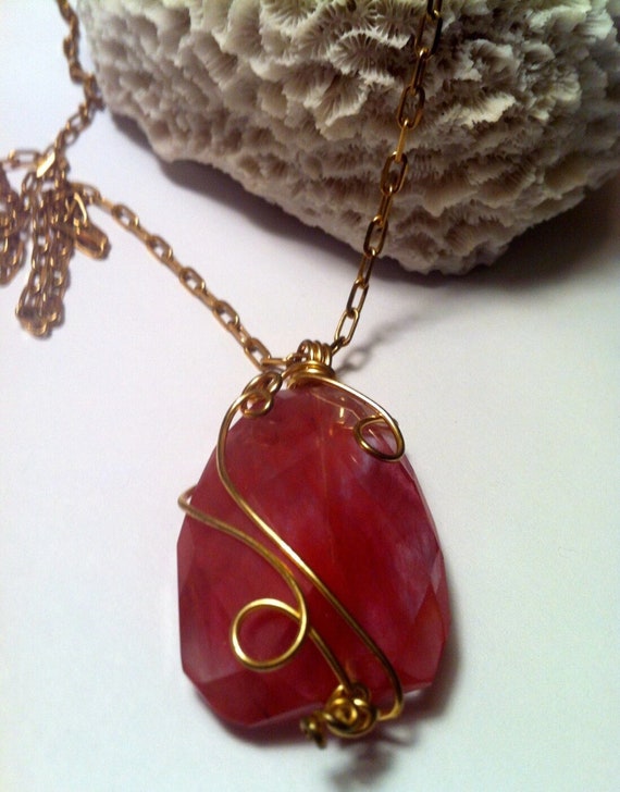 Chunky Coral Pink Agate Pendant Translucent Agate Stone Necklace Wirewrapped 26 Inch Length Gold and Coral Gift for Her Gifts Under 50