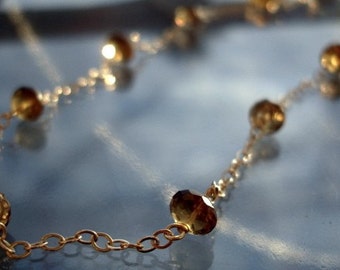 Whiskey Quartz Gemstone Necklace 24 KT Gold Overlay Chain Brown Quartz Faceted Gemstone Wirewrap Jewelry Gold Chain Necklace Gifts for Her