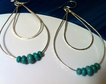 Tiered Teardrop Silver Earrings with Blue Gem Turquoise Stones, Chandelier Hoop Earrings, 3 1/4 Inch Length