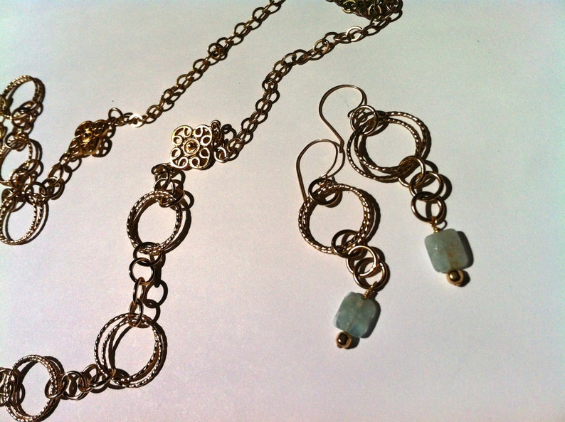 Aquamarine Gemstone Earrings, Pale Aqua Stones and Chain Drop, 24 KT Gold Overlay Long Dangle Beachy Coastal Vibe Jewelry with Elegance Gift image 5