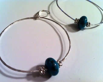 Turquoise Hoop Earrings, Old Blue Gem Turquoise Earrings, Silver Hammered Earrings with Turquoise