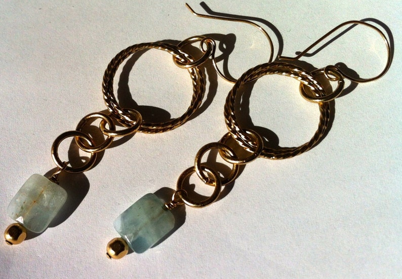 Aquamarine Gemstone Earrings, Pale Aqua Stones and Chain Drop, 24 KT Gold Overlay Long Dangle Beachy Coastal Vibe Jewelry with Elegance Gift image 1