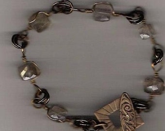 Cube Quartz Bracelet Rutilated Quartz Gemstone Link Bracelet in Bronze and Gold  Wirewrapped Gemstones Gift for Her Gifts under 75