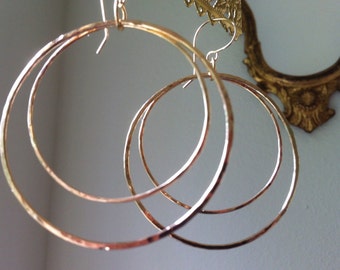 Gold Hoop Earrings Graduated Double Hoops in 14 KT Gold Filled Hand Made Hammered Hoops 2 Inch Length Gifts For Her Your Everyday Go To