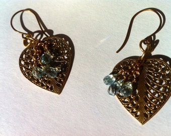 Aquamarine Gemstone Earrings Bronze and Blue Dangle Earrings Leaf Filigree Dazzling Gemstone Earrings Gemstone Cluster Burst of Blue Stones